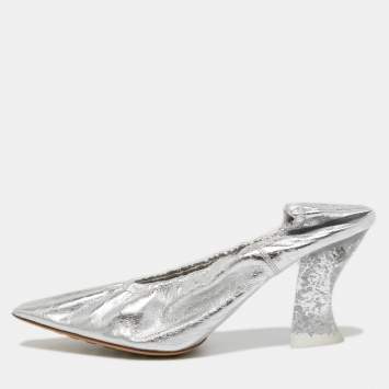 Pre Owned Bottega Veneta Silver Leather Scrunch Block Pumps Size 37.5