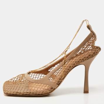 Pre Owned Bottega Veneta Beige Mesh and Leather Stretch Pumps Size 40