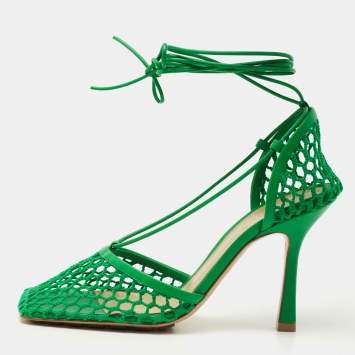 Pre Owned Bottega Veneta Green Mesh and Leather Stretch Ankle Wrap Pumps Size 37