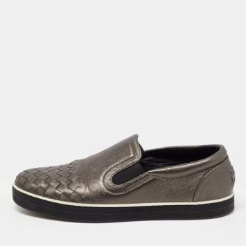 Pre Owned Bottega Veneta Metallic Grey Intrecciato Leather Slip On Sneakers Size 36