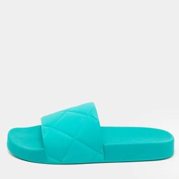 Pre Owned Bottega Veneta Turquoise Quilted Rubber Pool Slides Size 41 