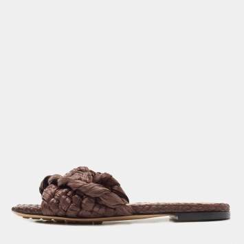 Pre Owned Bottega Veneta Dark Brown Raffia Intrecciato Slide Flat Size 36.5