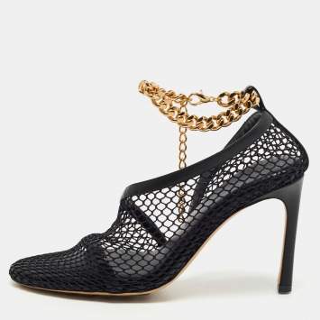 Pre Owned Bottega Veneta Black Mesh and Leather Trims Chain Embellished Ankle Strap Cuff Pumps Size 38
