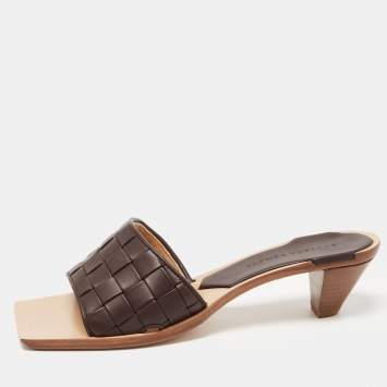 Pre Owned Bottega Veneta Brown Leather Intrecciato Slide Sandals Size 36.5