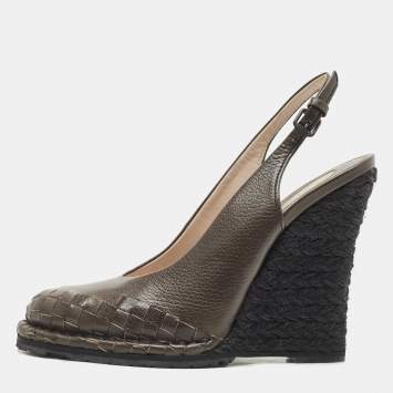 Pre Owned Bottega Veneta Brown Leather Slingback Wedge Pumps Size 37