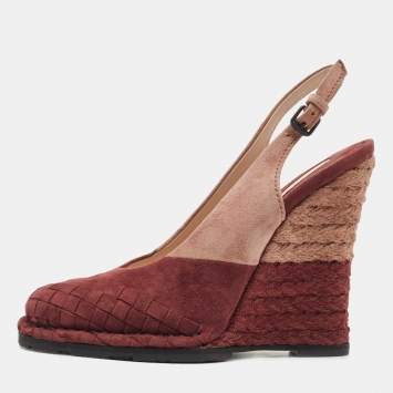 Pre Owned Bottega Veneta Burgundy/Pink Intrecciato Suede Espadrille Wedge Slingback Pumps Size 37