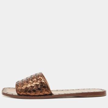 Pre Owned Bottega Veneta Metallic Leather Intrecciato Flat Slides Size 40