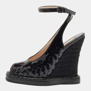 Pre Owned Bottega Veneta Black Patent Leather Intrecciato Wedge Ankle Wrap Peep Toe Sandals Size 37
