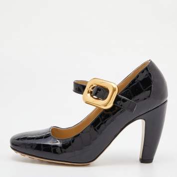 Pre Owned Bottega Veneta Black Croc Embossed Patent Leather Block Heel Pumps Size 39