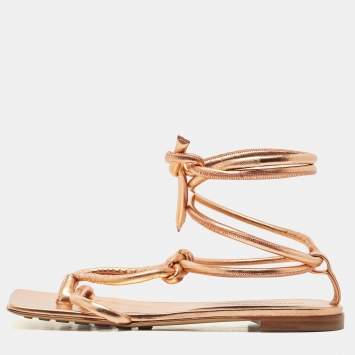 Pre Owned Bottega Veneta Metallic Rose Gold Leather Ankle Tie Flats Size 39.5