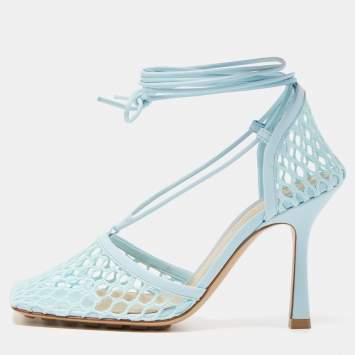 Pre Owned Bottega Veneta Blue Mesh and Leather Ankle Wrap Pumps Size 36