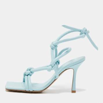 Pre Owned Bottega Veneta Light Blue Knotted Leather Slingback Ankle Tie Sandals Size 38.5
