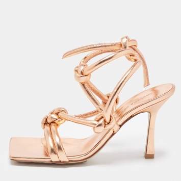 Pre Owned Bottega Veneta Rose Gold Knotted Leather Ankle Tie Sandals Size 36