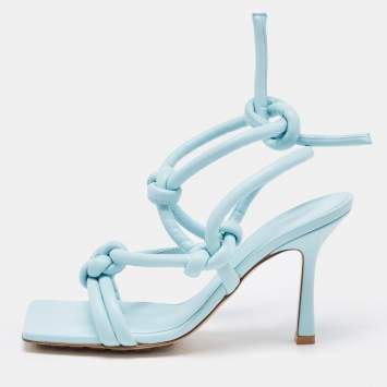 Pre Owned Bottega Veneta Blue Knotted Leather Ankle Strap Sandals Size 36