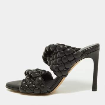 Pre Owned Bottega Veneta Black Braided Leather Slide Sandals Size 38
