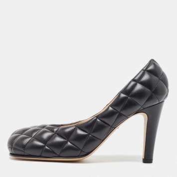 Pre Owned Bottega Veneta Black Quilted Leather Square Toe Pumps Size 38.5