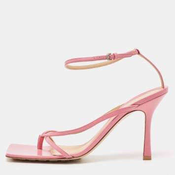 Pre Owned Bottega Veneta Pink Leather Stretch Ankle Strap Sandals Size 40.5
