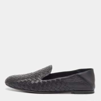 Pre Owned Bottega Veneta Black Leather Intrecciato Loafers Size 38