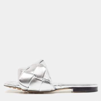 Pre Owned Bottega Veneta Silver Intrecciato Leather Lido Flat Slides Size 38