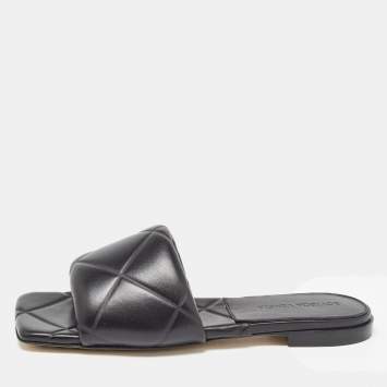 Pre Owned Bottega Veneta Black Leather Lido Flat Slides Size 36