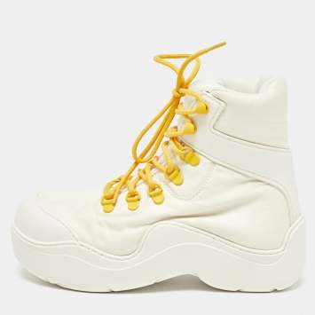 Pre Owned Bottega Veneta Cream Leather and Nylon High Top Sneakers Size 36