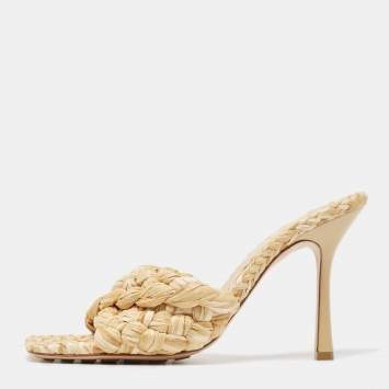 Pre Owned Bottega Veneta Beige Raffia Lido Slide Sandals Size 41