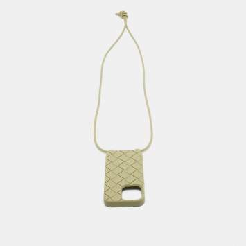Pre Owned Bottega Veneta Light Green Intrecciato Silicone Rubber iPhone 14 Case On Strap