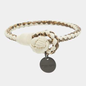 Pre Owned Bottega Veneta Intercciato Leather Snakeskin Leather Gunmetal Tone Bracelet M