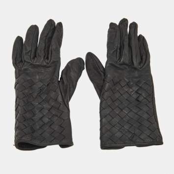 Pre Owned Bottega Veneta Black Intrecciato Leather Gloves Size 60