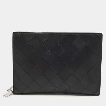 Bottega Veneta Black Intrecciato Leather Zip Document Case