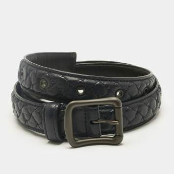 مملوكة مسبقًا Bottega Veneta Navy Blue Intrecciato Leather Buckle Belt 75CM