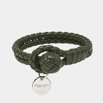 Pre Owned Bottega Veneta Intrecciato Leather Silver Tone Knot Bracelet