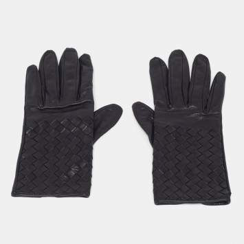 Pre Owned Bottega Veneta Gloves Intrecciato Black Leather M