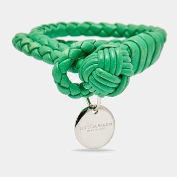 Pre Owned سوار بوتيغا فينيتا جلد أنتريشياتو أخضر بعقدتين فضي اللون