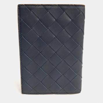 Pre Owned Bottega Veneta Navy Blue Leather Mesh Passport Wallet