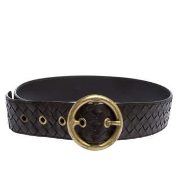 Pre Owned Bottega Veneta Dark Brown Intrecciato Leather Round Buckle Belt 80CM