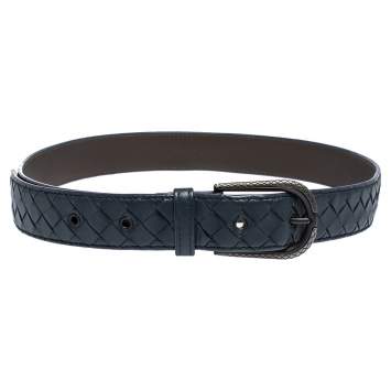 Pre Owned Bottega Veneta Blue Intrecciato Leather Buckle Belt 85CM