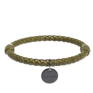 Pre Owned Bottega Veneta Green Intrecciato Leather Bangle Bracelet