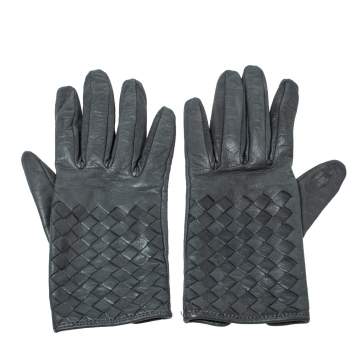 Pre Owned Bottega Veneta Grey Intreciatto Leather Gloves Size S