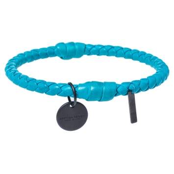 Pre Owned Bottega Veneta Blue Intrecciato Woven Leather Bangle Bracelet S