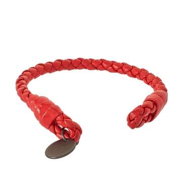 Pre Owned Bottega Veneta Intrecciato Red Nappa Leather Open Cuff Bracelet