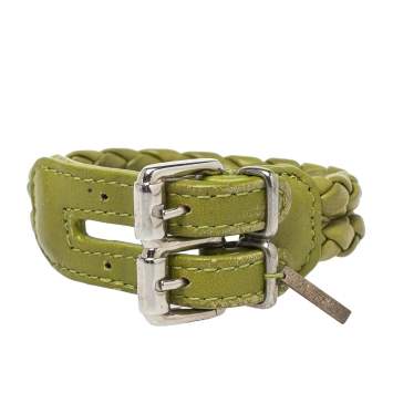 Pre Owned Bottega Veneta Green Intrecciato Leather Double Row Bracelet M