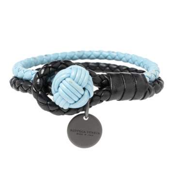 Pre Owned Bottega Veneta Blue & Black Intrecciato Leather Double Knot Bracelet