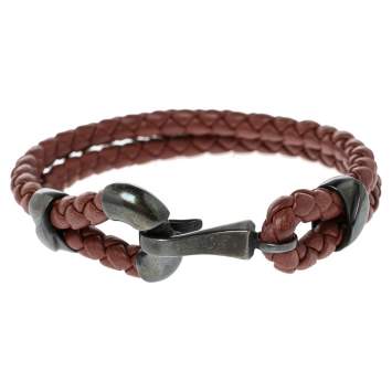 Pre Owned Bottega Veneta Brown Intrecciato Leather Sterling Silver Hook Bracelet S