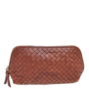 Pre Owned Bottega Veneta Brown Intrecciato Leather Zip Cosmetic Pouch