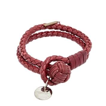 Pre Owned Bottega Veneta Intrecciato Nappa Burgundy Leather Double Strand Bracelet S