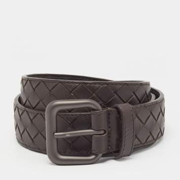 Pre Owned Bottega Veneta Brown Intrecciato Leather Buckle Belt 85CM