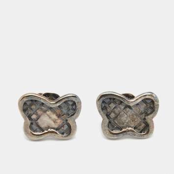 Pre Owned Bottega Veneta Intecciato Butterfly Sterling Silver Stud Earrings