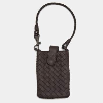 Pre Owned Bottega Veneta Dark Brown Intrecciato Leather Phone Holder