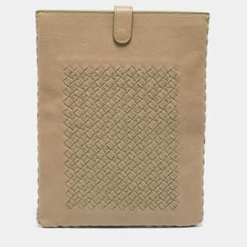 Pre Owned Bottega Veneta Beige/Green Intrecciato Leather iPad Case
